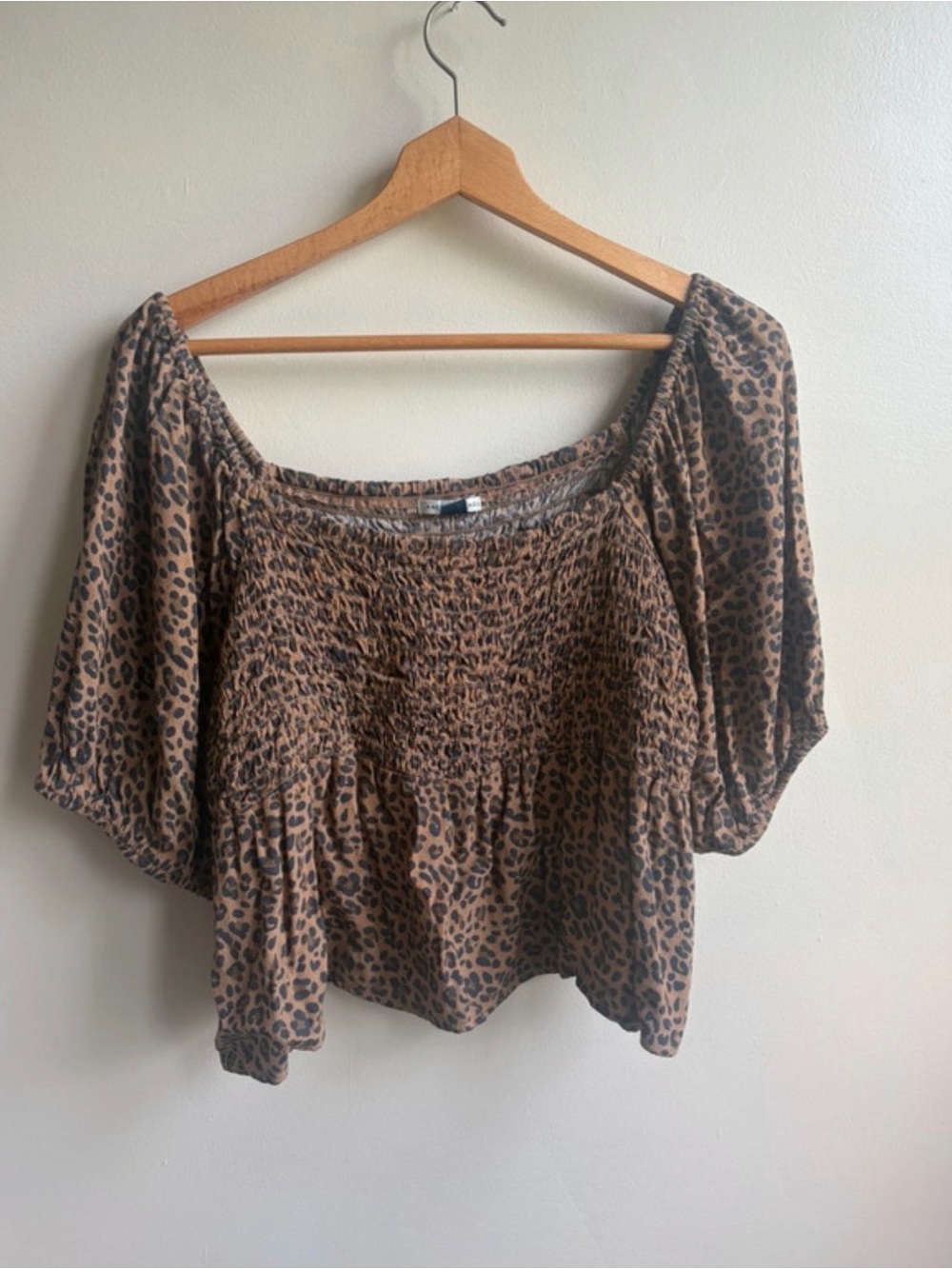American Eagle  Brown and Black Leopard Smocked Peasant Blouse